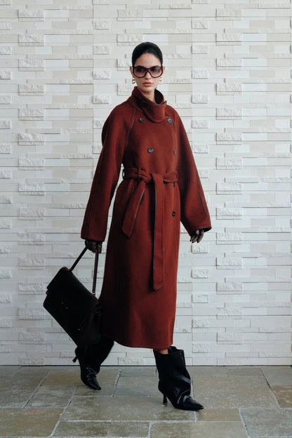 PU Trim Wool Trench Coat in Double-Face Merino Wool