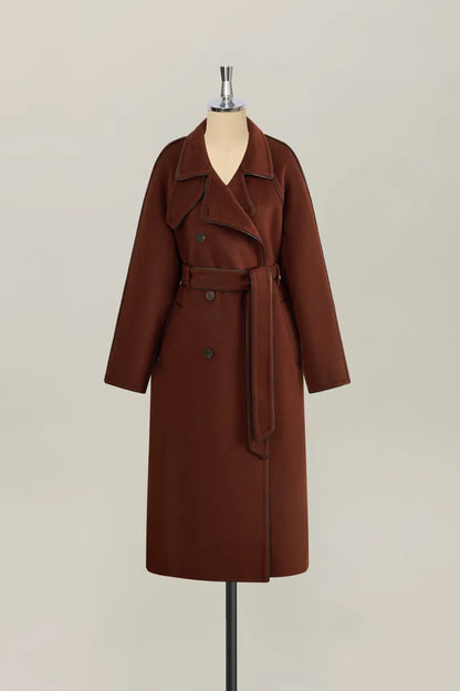 PU Trim Wool Trench Coat in Double-Face Merino Wool