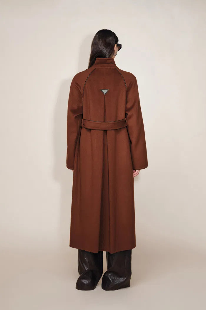 PU Trim Wool Trench Coat in Double-Face Merino Wool