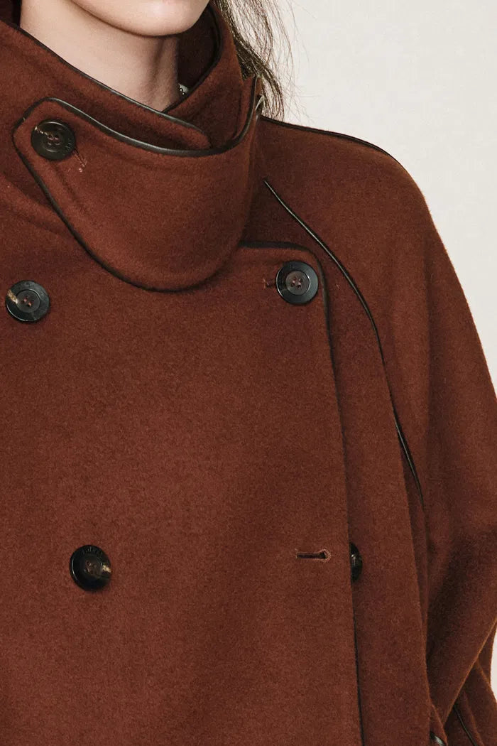 PU Trim Wool Trench Coat in Double-Face Merino Wool