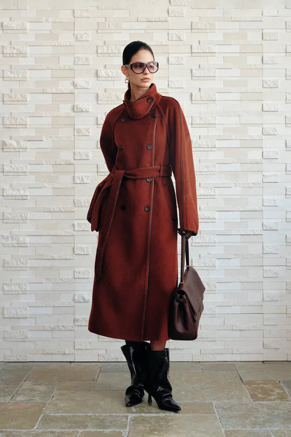 PU Trim Wool Trench Coat in Double-Face Merino Wool