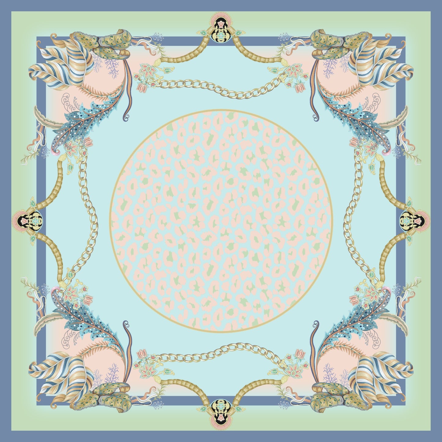 Premium Hamida silk scarf with soft blue, blush pink, and ivory tones, decorated with floral motifs and gold chain patterns.