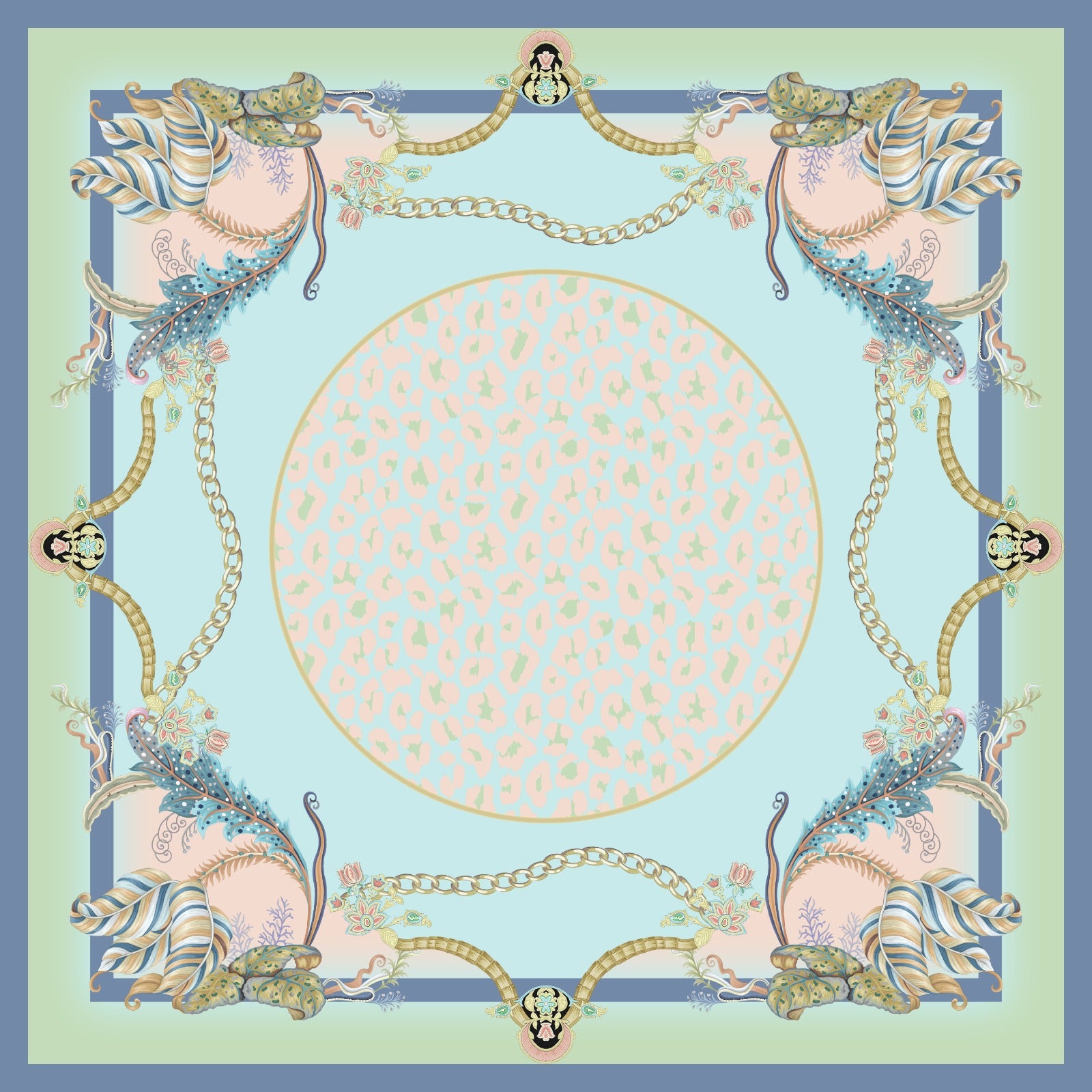 Premium Hamida silk scarf with soft blue, blush pink, and ivory tones, decorated with floral motifs and gold chain patterns.