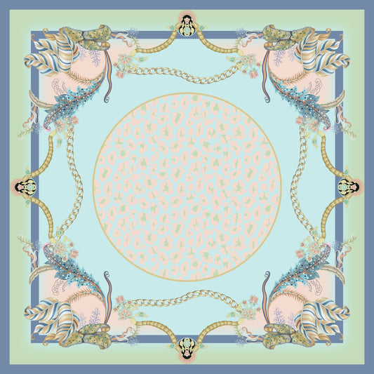 Premium Hamida silk scarf with soft blue, blush pink, and ivory tones, decorated with floral motifs and gold chain patterns.