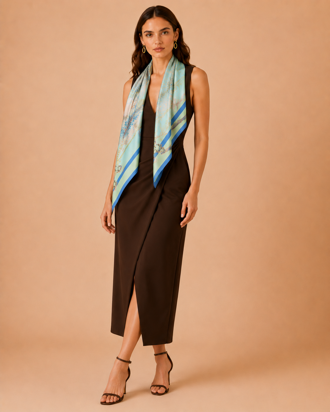Fashion silk scarf by Hamida in pastel blue and peach shades, crafted with intricate floral details and premium silk finish.