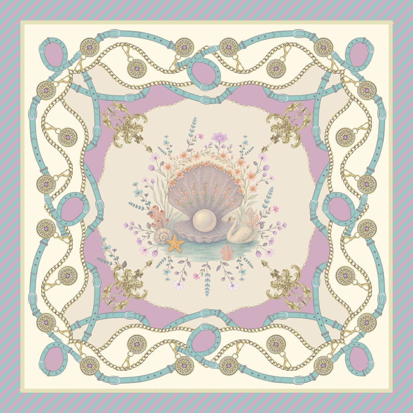 Close-up of Hamida silk scarf showing pearl centerpiece and floral pattern