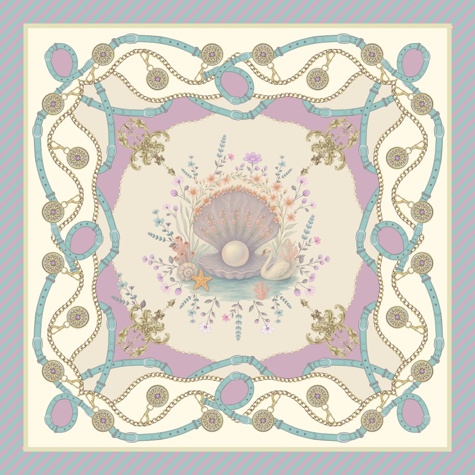 Close-up of Hamida silk scarf showing pearl centerpiece and floral pattern