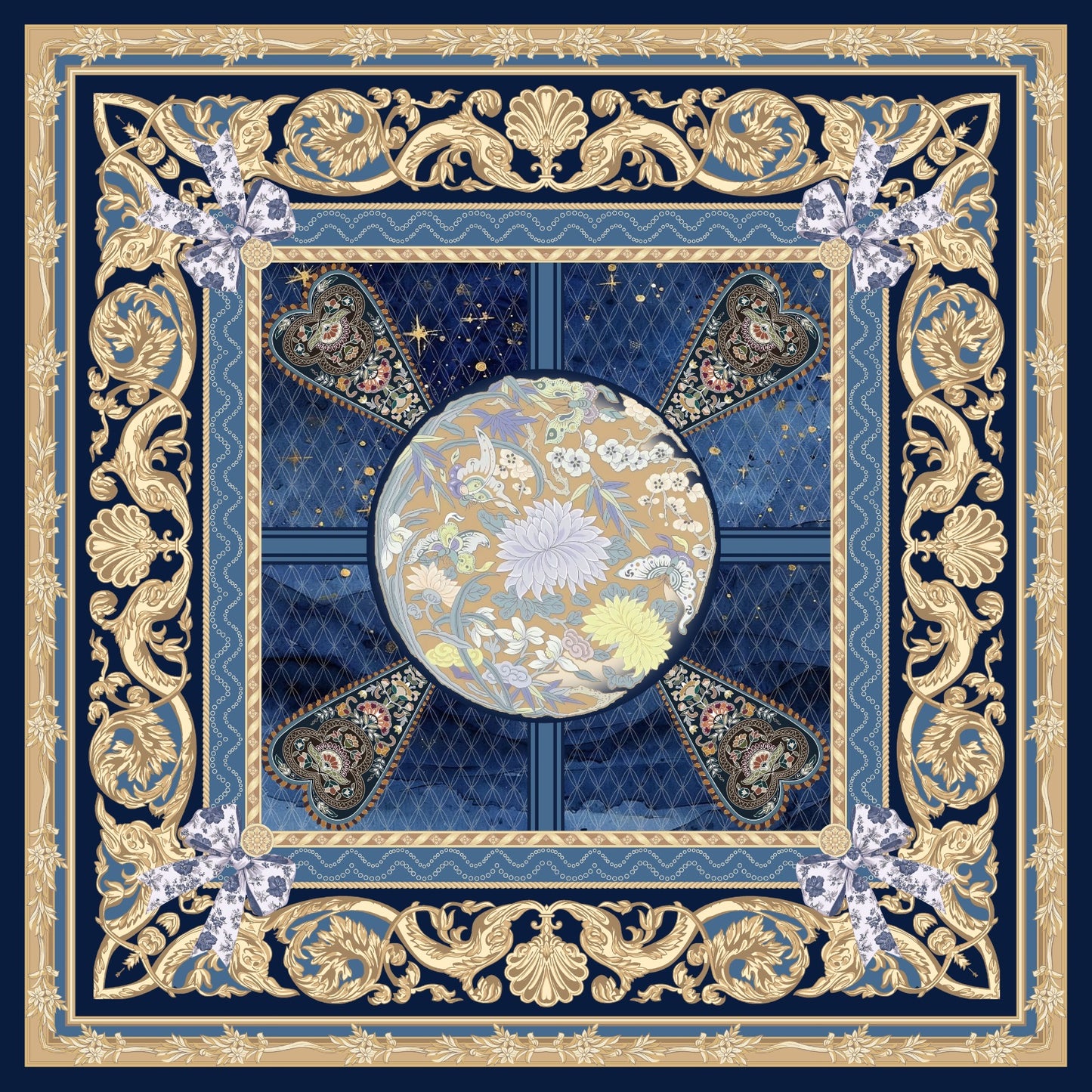 Decorative scarf with floral design and gold border on a blue background