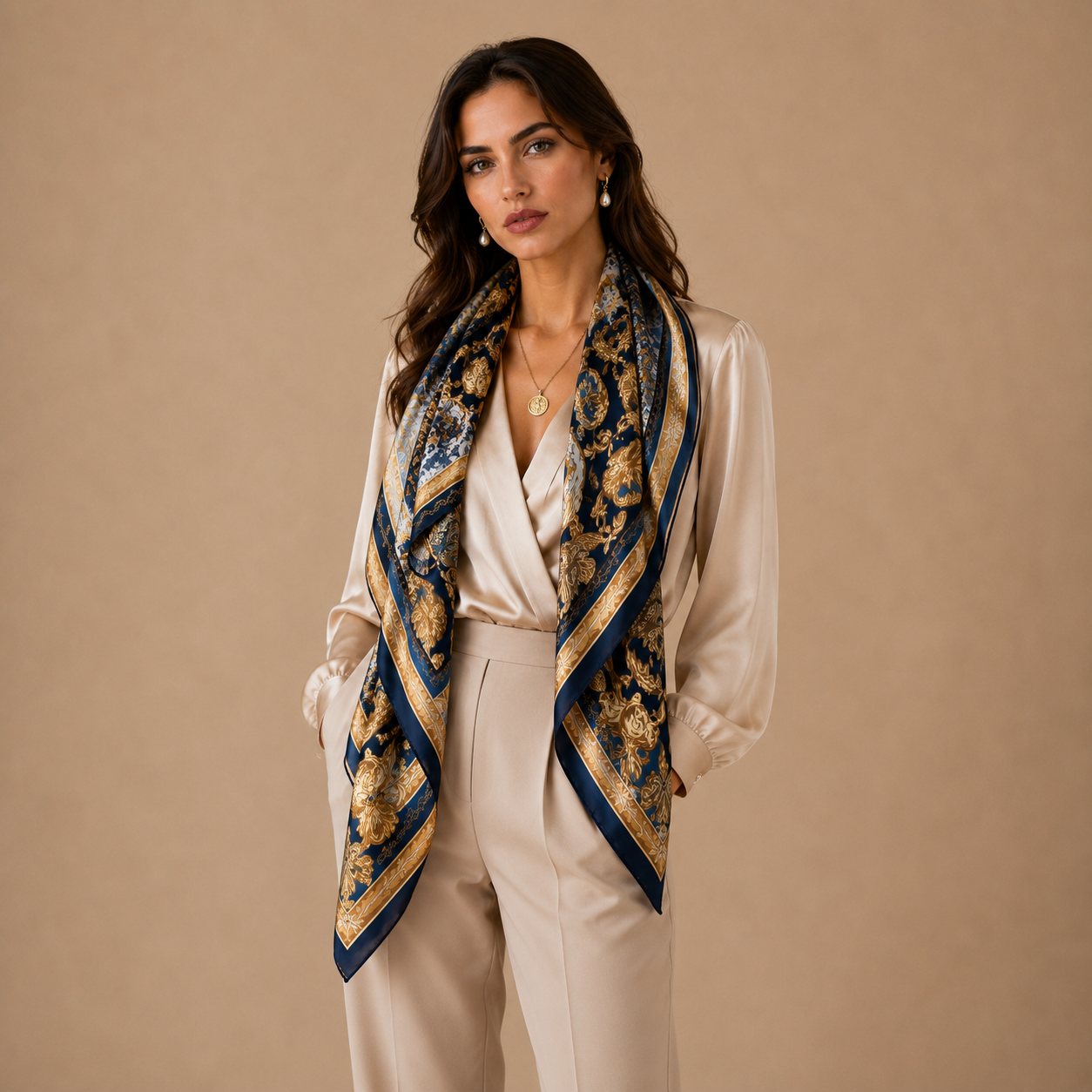 Hamida Celestial Royal Silk Scarf featuring blue and gold floral artwork with luxurious ornamental border design.