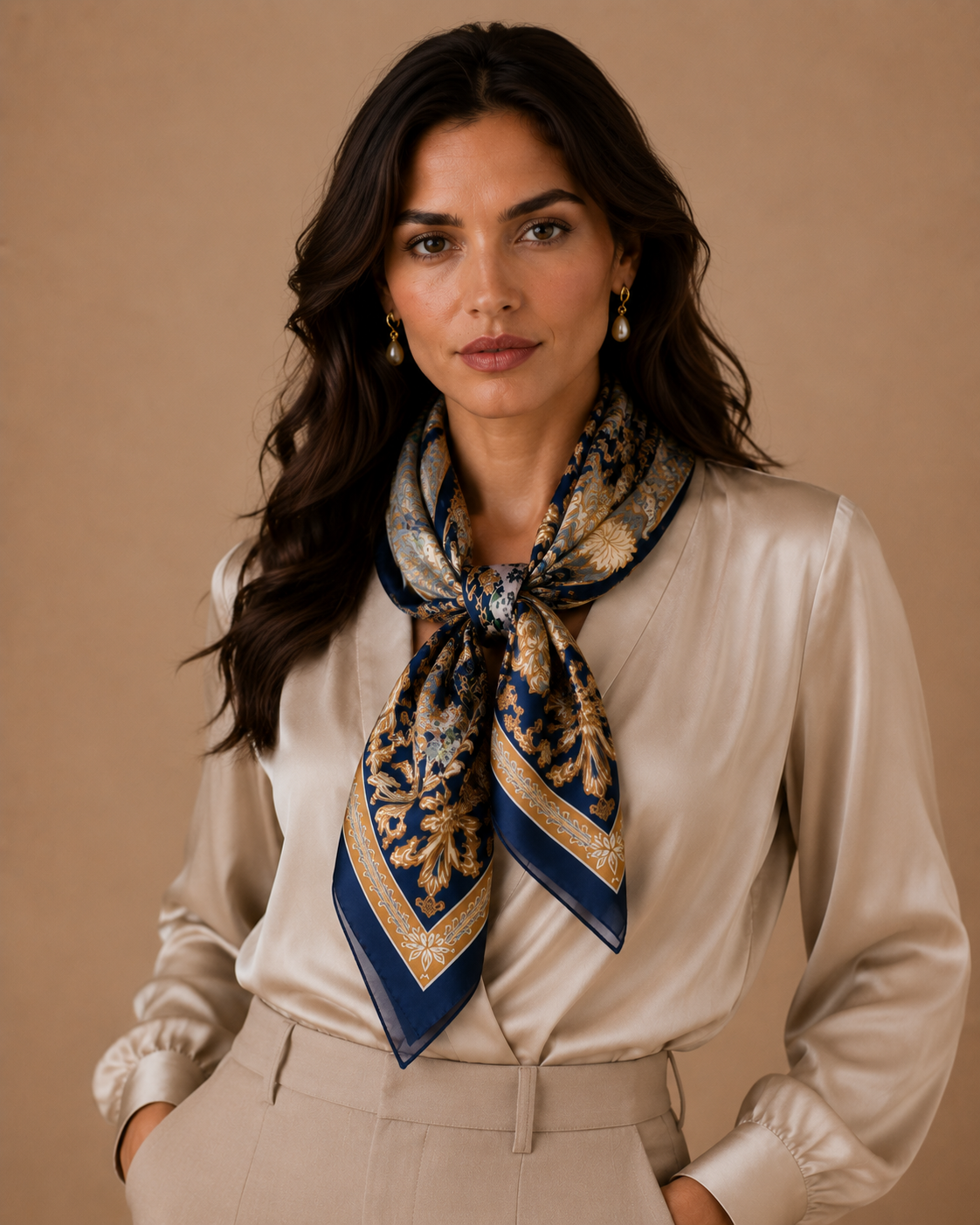 Woman wearing a patterned scarf around her neck against a beige background