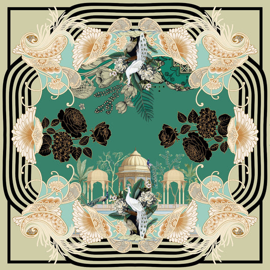 Mint green silk scarf with peacock and floral print

