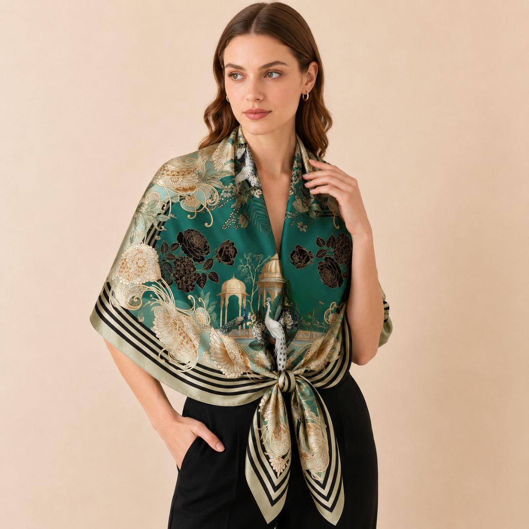 HAMIDA Imperial Peacock Garden Silk Scarf front view
