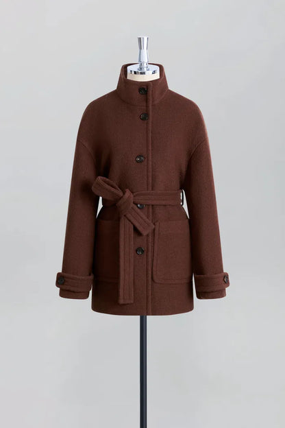 Stand Collar Tie Short Coat in Cashmere