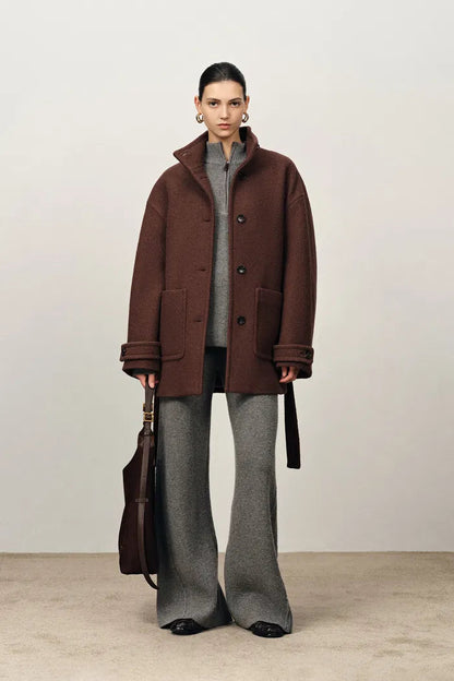 Stand Collar Tie Short Coat in Cashmere