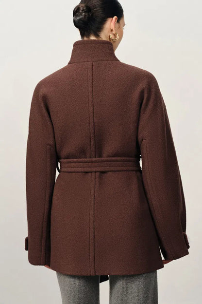 Stand Collar Tie Short Coat in Cashmere