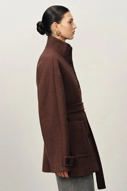 Stand Collar Tie Short Coat in Cashmere