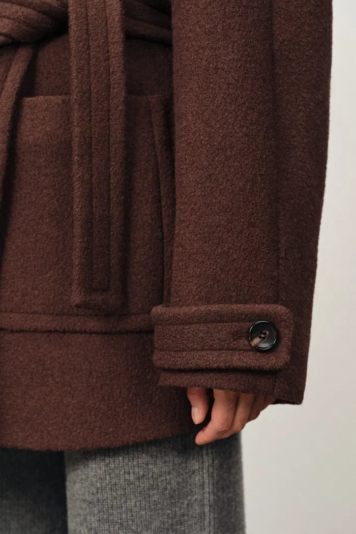 Stand Collar Tie Short Coat in Cashmere