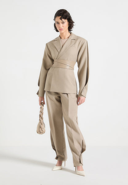Twist Sleeve Leather Blazer with Belt-1