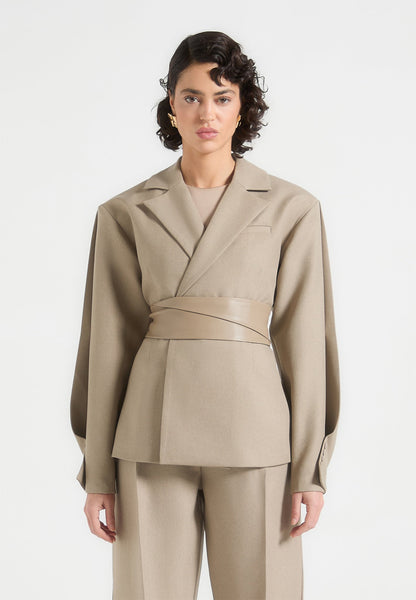 Twist Sleeve Leather Blazer with Belt-1