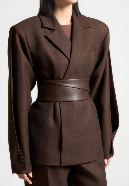 Twist Sleeve Leather Blazer with Belt-1