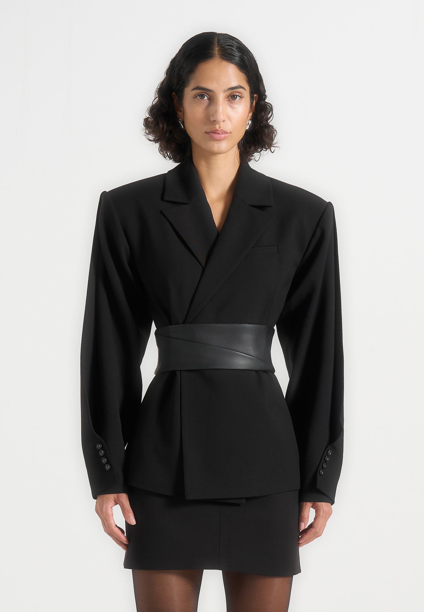 Twist Sleeve Leather Blazer with Belt-1