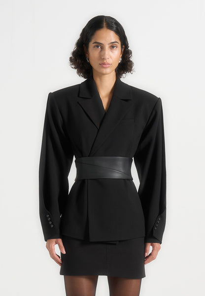 Twist Sleeve Leather Blazer with Belt-1