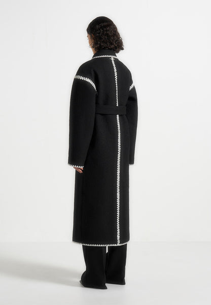Wool Blanket Stitch Belted Longline Coat