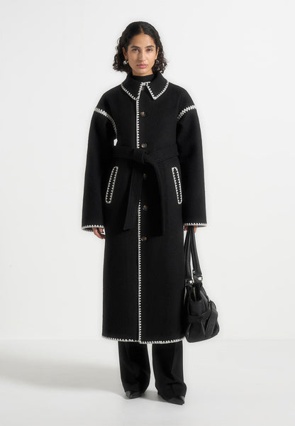 Wool Blanket Stitch Belted Longline Coat