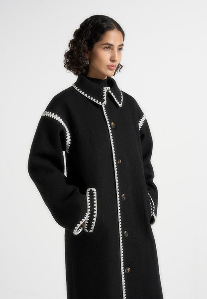 Wool Blanket Stitch Belted Longline Coat