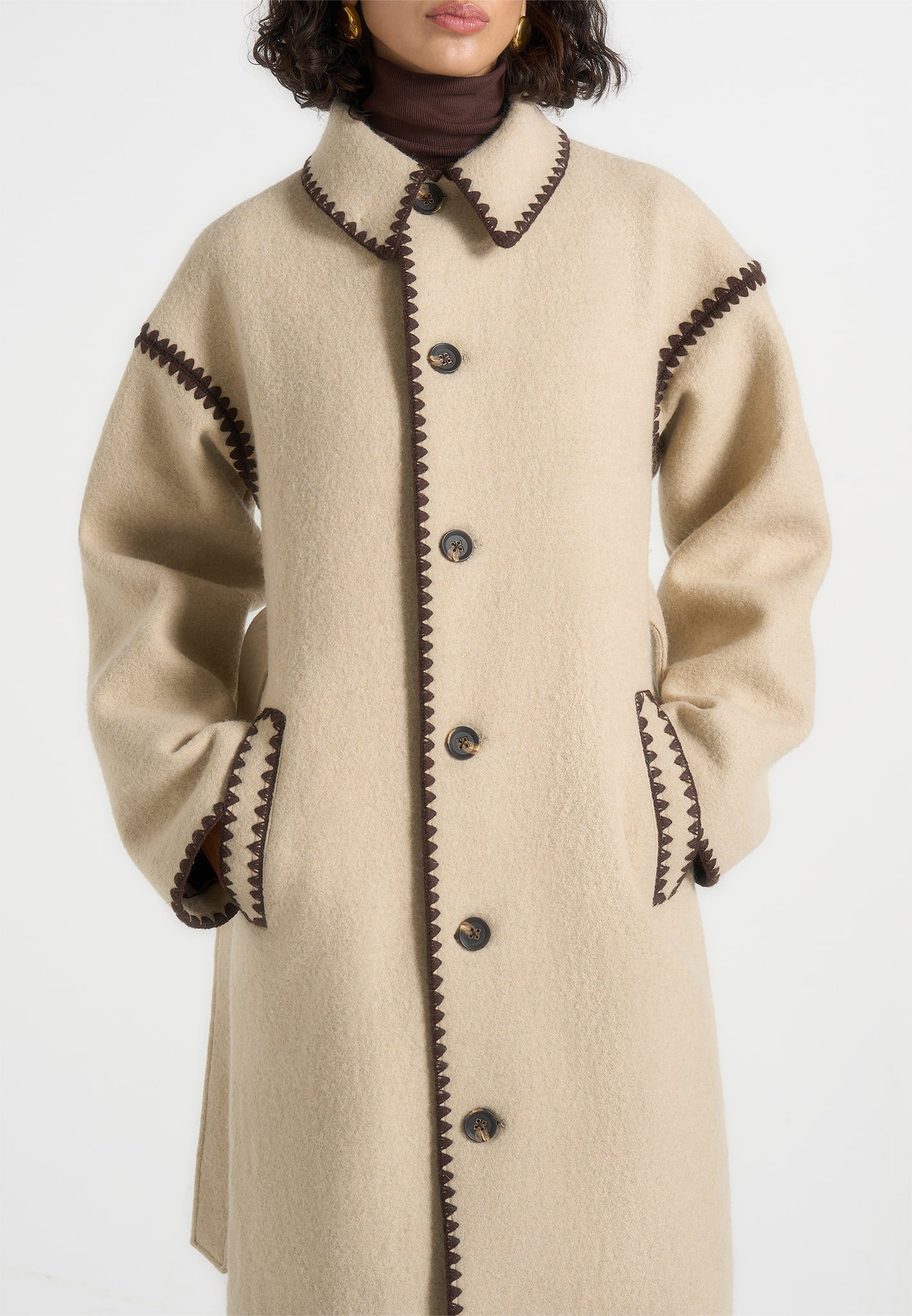 Wool Blanket Stitch Belted Longline Coat