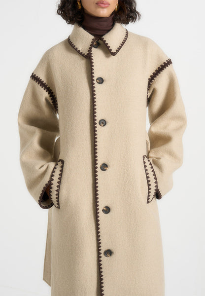 Wool Blanket Stitch Belted Longline Coat