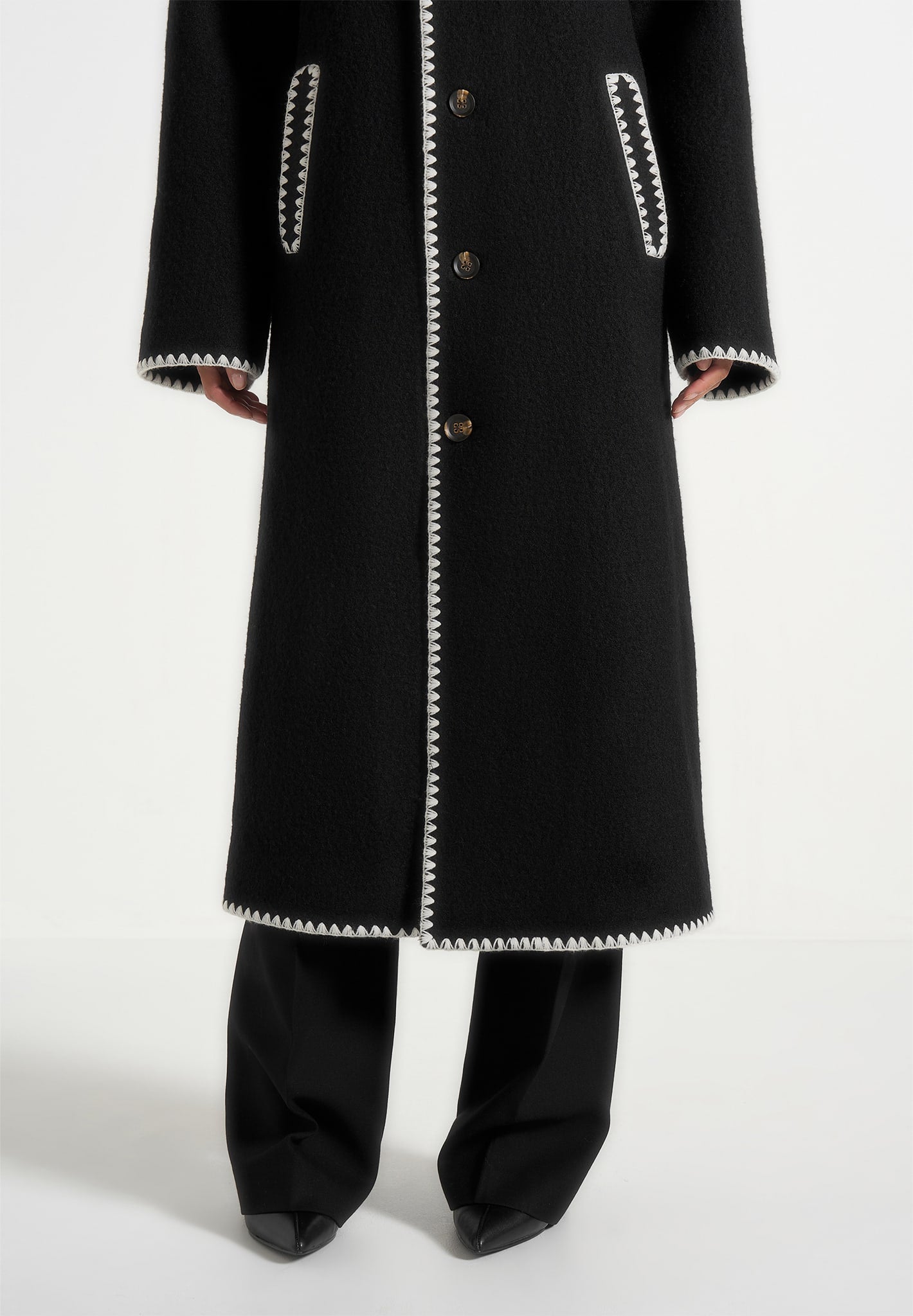 Wool Blanket Stitch Belted Longline Coat