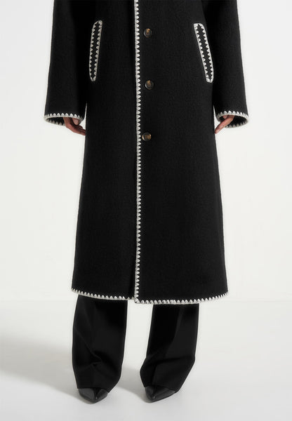 Wool Blanket Stitch Belted Longline Coat