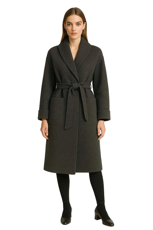 Hamida Luxe Belted Wool Wrap Coat | Premium Knit Collar & Hand-Crafted