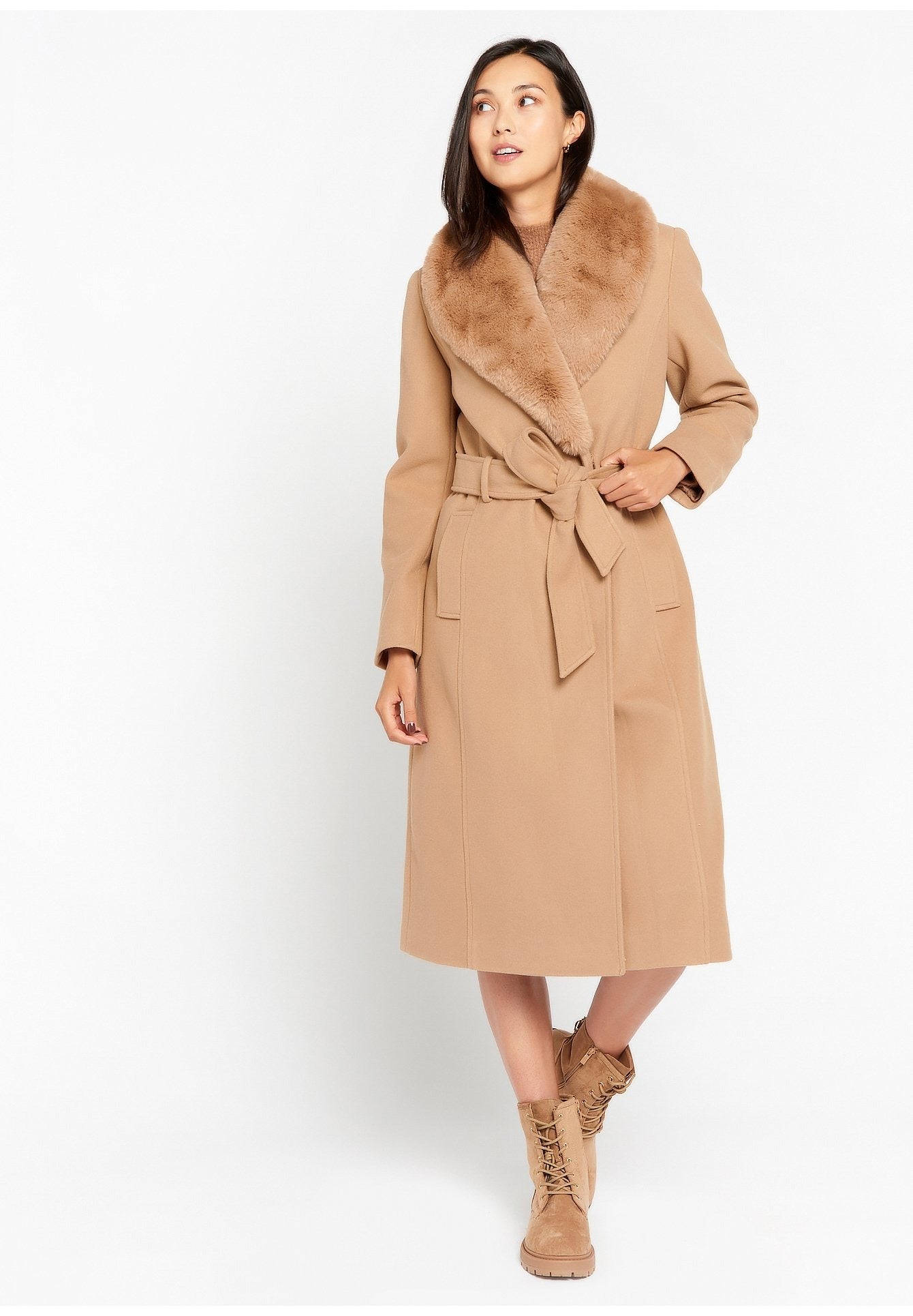 Belted Wool-Blend Coat with Plush Collar