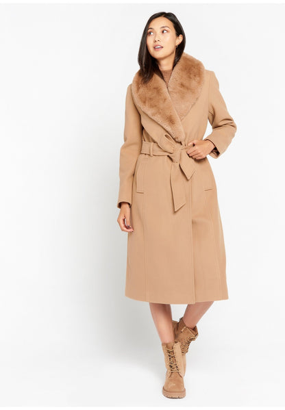 Belted Wool-Blend Coat with Plush Collar