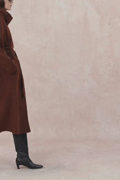 PU Trim Wool Trench Coat in Double-Face Merino Wool
