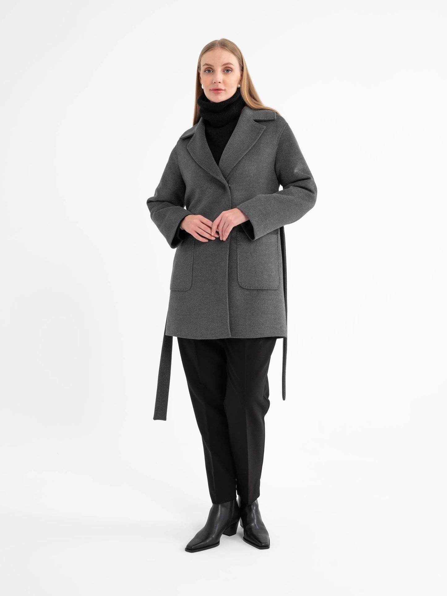 Hamida Classic Wool Wrap Coat – Tailored Belted Silhouette