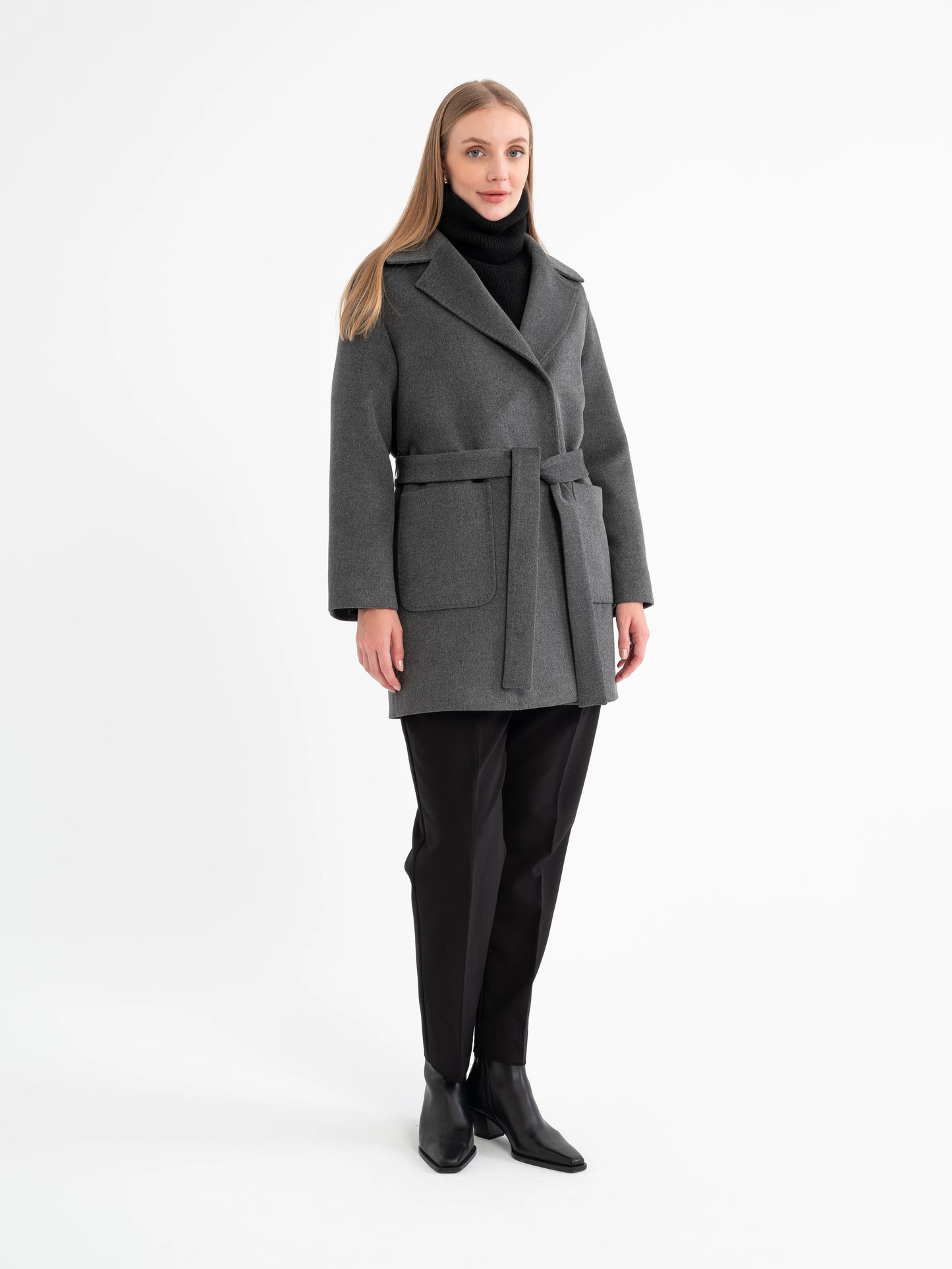 Hamida Classic Wool Wrap Coat – Tailored Belted Silhouette