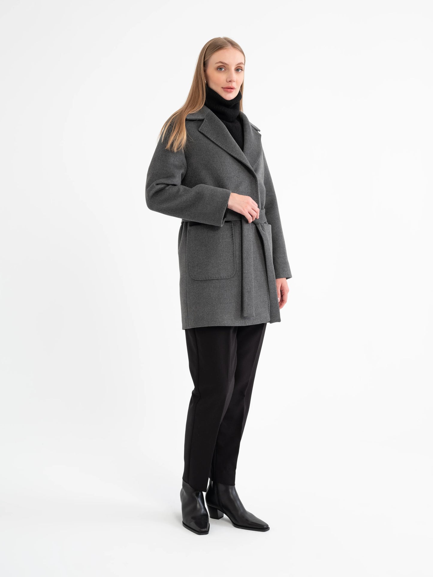 Hamida Classic Wool Wrap Coat – Tailored Belted Silhouette
