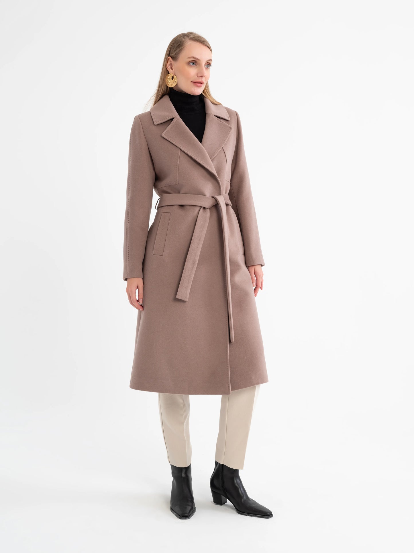 Luxury Wool-Blend Belted Longline Silhouette Wrap Coat