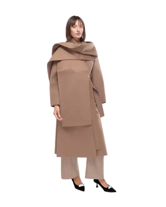 Luxury Wool-Blend Wrap Coat – Belted Longline Silhouette with Wide Lapel